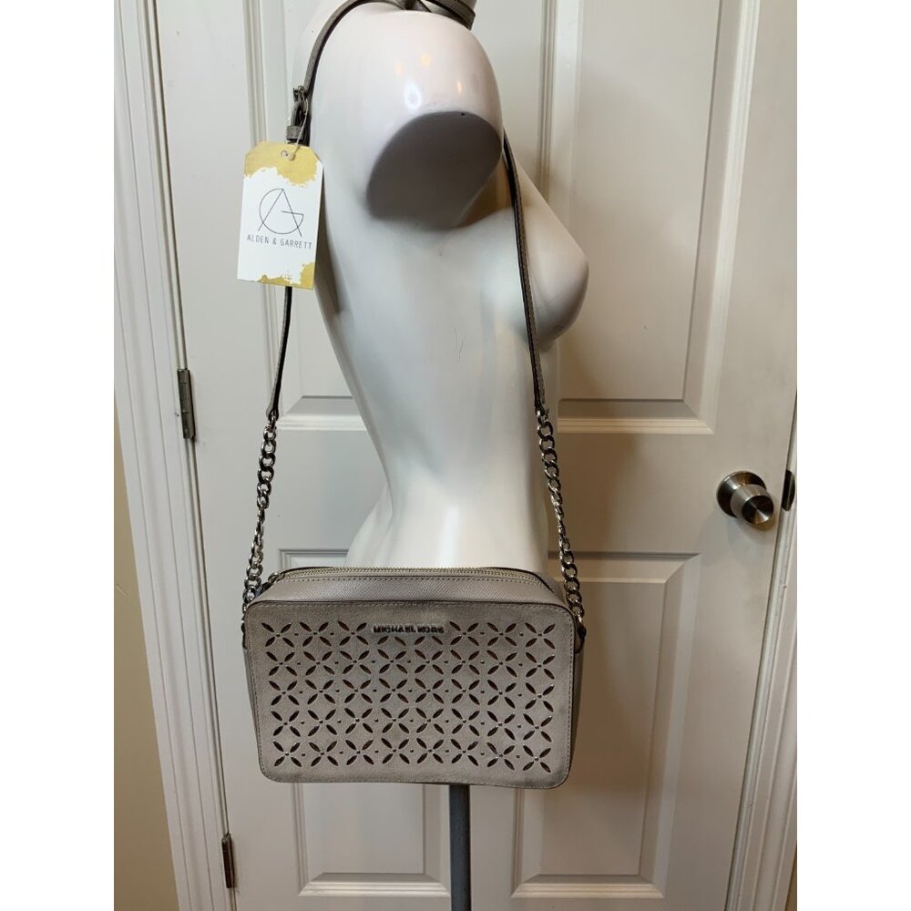 Michael Kors Gray Jet Set Studded Leather Suede Crossbody Purse Bag